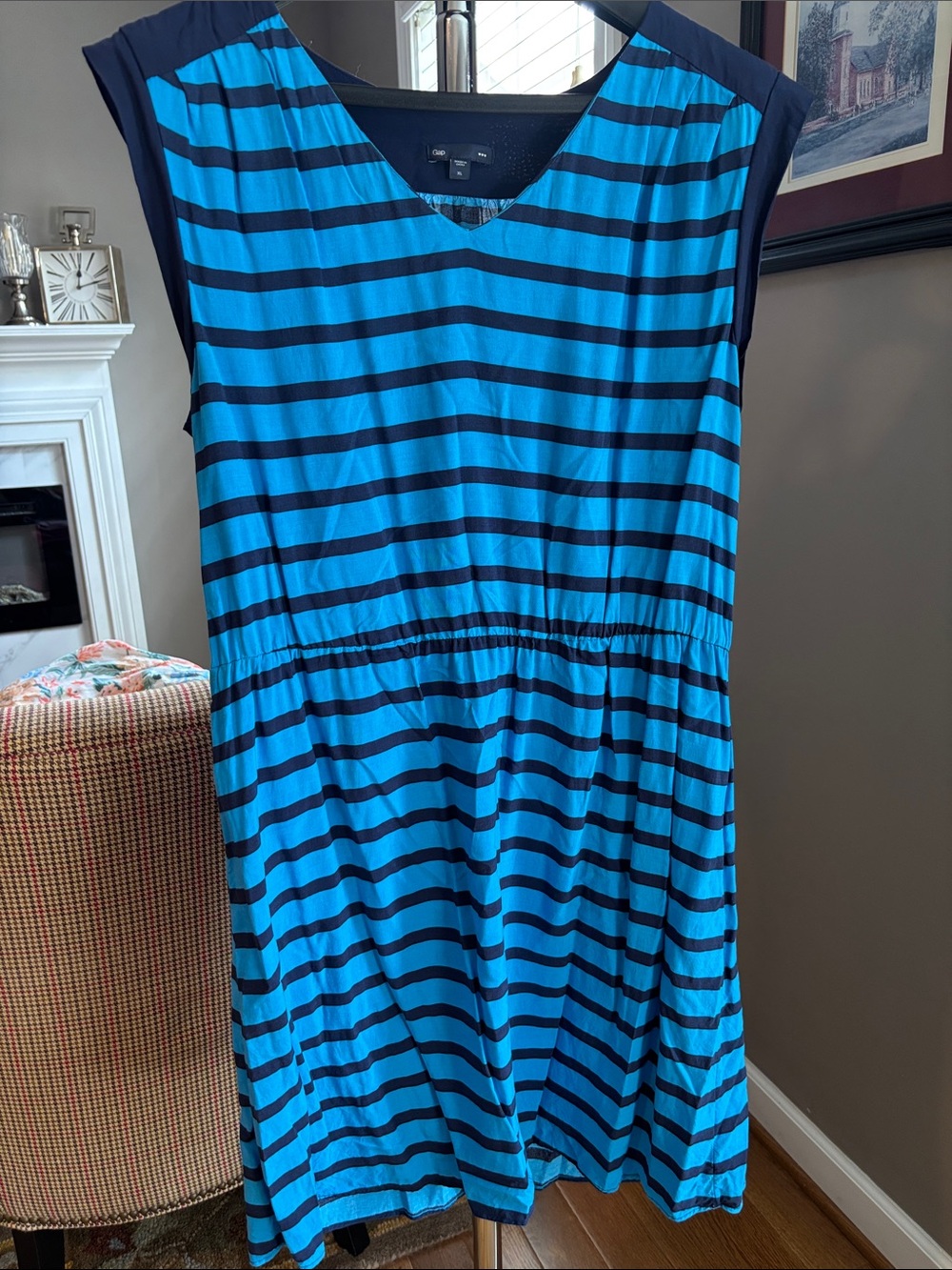 GAP Blue and Black Striped Casual V‑Neck Dress